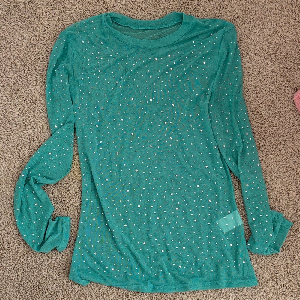 Teal Long Sleeve Rhinestone Top